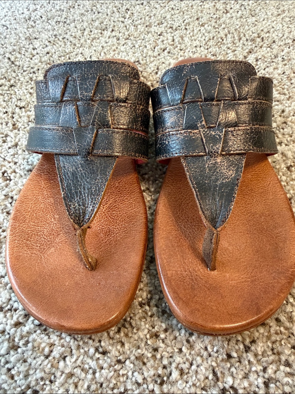 BED STU Women's Black and Brown Leather Woven Thong Sandals, Size 7, Like New - Picture 4 of 5